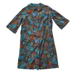 Vintage 70s Psychedelic Floral Housecoat Women L Multi Color Folk Print Duster